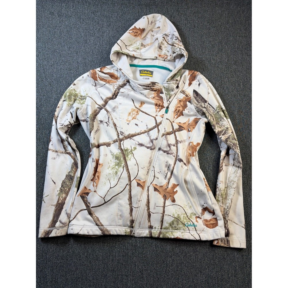 Cabelas Zonz Woodlands Camo Hoodie Womens Medium Full Zip 4Most Wick‎ Hunting